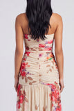Strapless A Line Printed Ivory Floral Dress with Slit