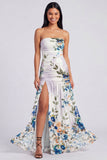 Strapless A Line Printed Ivory Floral Dress with Slit