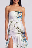 Strapless A Line Printed Ivory Floral Dress with Slit