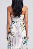 Strapless A Line Printed Ivory Floral Dress with Slit