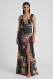 Black Sheath Printed Wide Straps Floral Dress with Slit