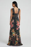 Black Sheath Printed Wide Straps Floral Dress with Slit