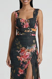 Black Sheath Printed Wide Straps Floral Dress with Slit