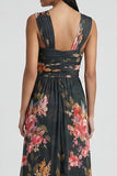 Black Sheath Printed Wide Straps Floral Dress with Slit