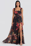 Black A Line Chiffon Square Neck Floral Dress with Slit