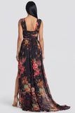 Black A Line Chiffon Square Neck Floral Dress with Slit