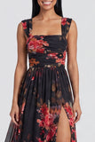 Black A Line Chiffon Square Neck Floral Dress with Slit