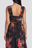 Black A Line Chiffon Square Neck Floral Dress with Slit