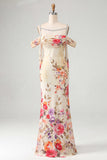 Ivory Cold Shoulder Mermaid Printed Maxi Floral Dress with Sash