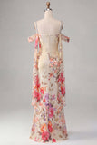 Ivory Cold Shoulder Mermaid Printed Maxi Floral Dress with Sash