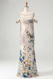 Ivory Cold Shoulder Mermaid Printed Maxi Floral Dress with Sash