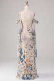 Ivory Cold Shoulder Mermaid Printed Maxi Floral Dress with Sash