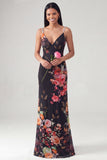Black Mermaid Spaghetti Straps Long Floral Dress