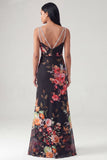 Black Mermaid Spaghetti Straps Long Floral Dress