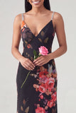 Black Mermaid Spaghetti Straps Long Floral Dress