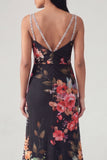Black Mermaid Spaghetti Straps Long Floral Dress