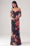 Black Cold Shoulder Sheath Ruched Floral Dress