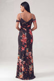Black Cold Shoulder Sheath Ruched Floral Dress