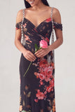 Black Cold Shoulder Sheath Ruched Floral Dress