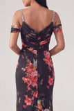 Black Cold Shoulder Sheath Ruched Floral Dress