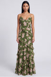 Dark Green Ruffled Sheath Spaghetti Straps Floral Dress