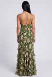 Dark Green Ruffled Sheath Spaghetti Straps Floral Dress