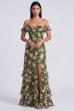 Off the Shoulder Dark Green Ruffled A Line Floral Dress with Slit