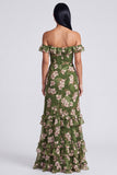 Off the Shoulder Dark Green Ruffled A Line Floral Dress with Slit