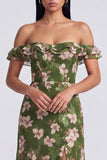 Off the Shoulder Dark Green Ruffled A Line Floral Dress with Slit