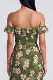 Off the Shoulder Dark Green Ruffled A Line Floral Dress with Slit