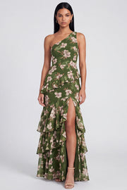 One Shoulder Dark Green Tiered Ruffle Sheath Floral Dress with Slit