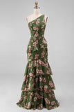 One Shoulder Dark Green Tiered Ruffle Sheath Floral Dress with Slit