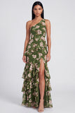One Shoulder Dark Green Tiered Ruffle Sheath Floral Dress with Slit