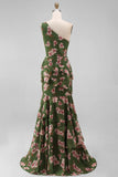 One Shoulder Dark Green Tiered Ruffle Sheath Floral Dress with Slit