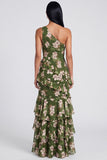 One Shoulder Dark Green Tiered Ruffle Sheath Floral Dress with Slit