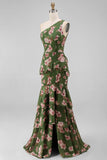 One Shoulder Dark Green Tiered Ruffle Sheath Floral Dress with Slit