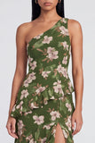 One Shoulder Dark Green Tiered Ruffle Sheath Floral Dress with Slit