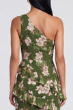 One Shoulder Dark Green Tiered Ruffle Sheath Floral Dress with Slit