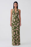 Halter Dark Green Sheath Printed Long Floral Dress