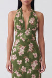 Halter Dark Green Sheath Printed Long Floral Dress