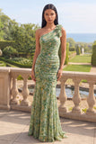 Dusty Green One Shoulder Mermaid Ruched Floral Dress with 3D Flowers
