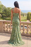 Dusty Green One Shoulder Mermaid Ruched Floral Dress with 3D Flowers