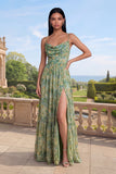 Dusty Green A Line Cowl Neck Long Floral Dress with Slit