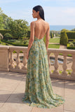 Dusty Green A Line Cowl Neck Long Floral Dress with Slit