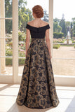 Black Off the Shoulder Jacquard A Line Long Mother Of the Bride Dress