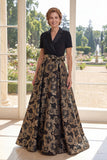 Black A Line Jacquard V-Neck Long Mother Of the Bride Dress with Bow