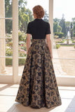 Black A Line Jacquard V-Neck Long Mother Of the Bride Dress with Bow