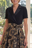 Black A Line Jacquard V-Neck Long Mother Of the Bride Dress with Bow