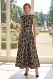Black Floral A Line Bateau Neck Jacquard Long Mother Of the Bride Dress
