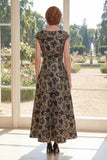 Black Floral A Line Bateau Neck Jacquard Long Mother Of the Bride Dress